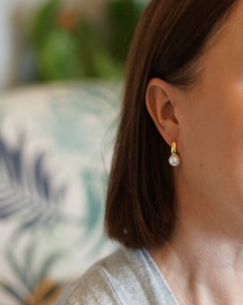 Round Hoop Freshwater Pearl 9.0-10.0mm Earrings Sterling Silver - Zafari Studio Jewelry